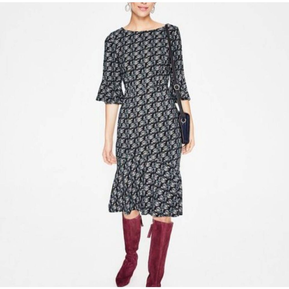 Boden Flippy Pencil Dress‎ Sz 8 Stormy Night Wallpaper Ruffle Modest Office